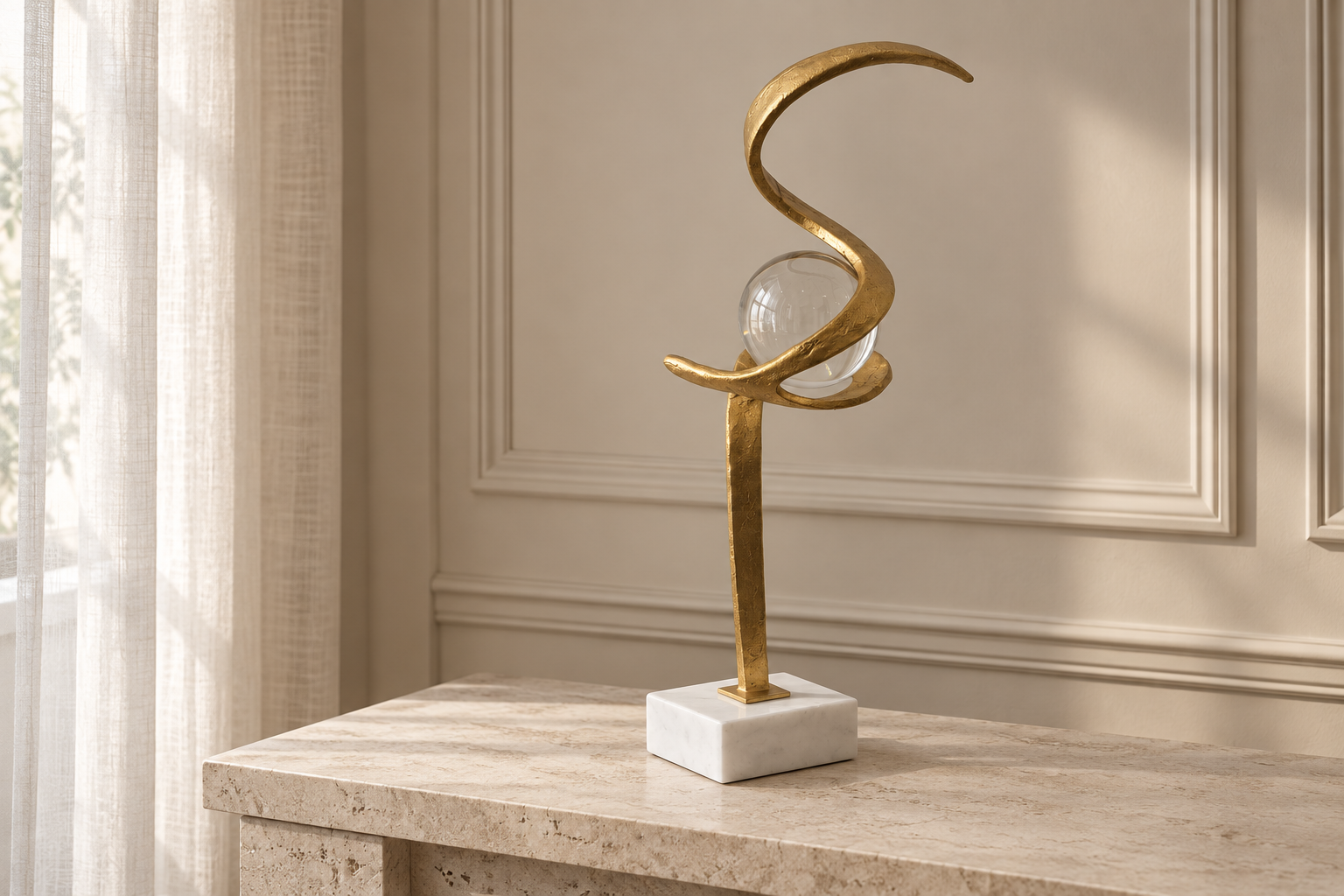 Gold Captured Sphere sculpture styled on marble console
